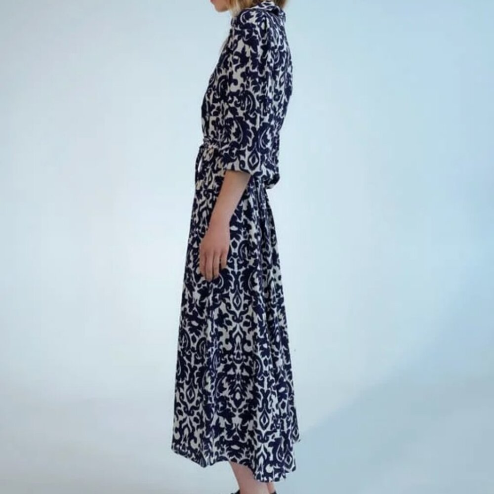 Zara Navy and White Long Sleeve Printed Midi Dress - Picture 2 of 7